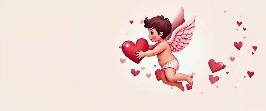 Cute baby cupid flies gently holding a red heart, surrounded by floating hearts, with a slow camera pan, creating a whimsical, romantic animation perfect for Valentine's Day content.