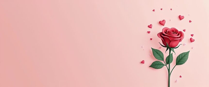 Elegant red rose with floating hearts gently sway in a soft breeze, as the camera pans slowly across a pastel pink background, creating a cinematic, romantic ambiance. - Powered by Adobe