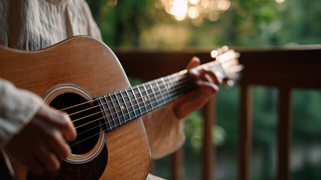 Folk Singer Strumming Guitar on Rustic Porch with Warm Sunlight Through