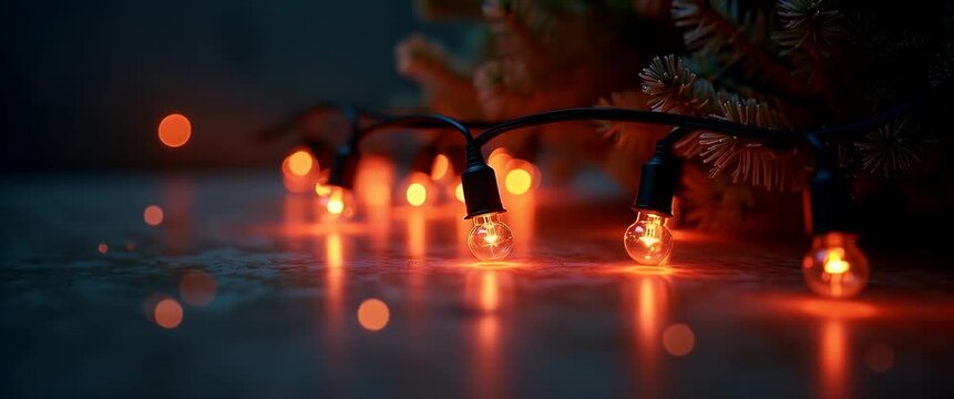 Festive string lights flicker gently against a blurred bokeh background, while the camera slowly pans across a rustic holiday setting, creating a warm, cinematic ambiance.