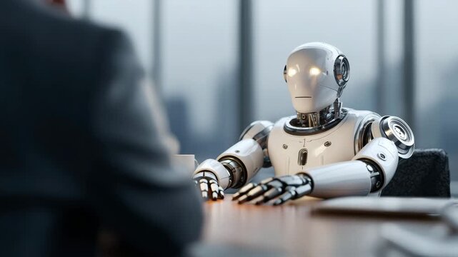 Humanoid robot in business meeting with human indoors