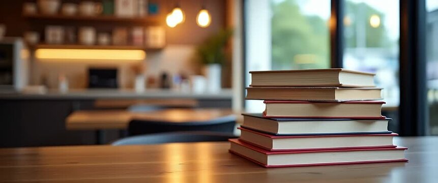 Stack of books on a wooden table in a cozy coffee shop, ambient lights softly flicker, camera gently pans, creating a warm, cinematic atmosphere perfect for study or relaxation.