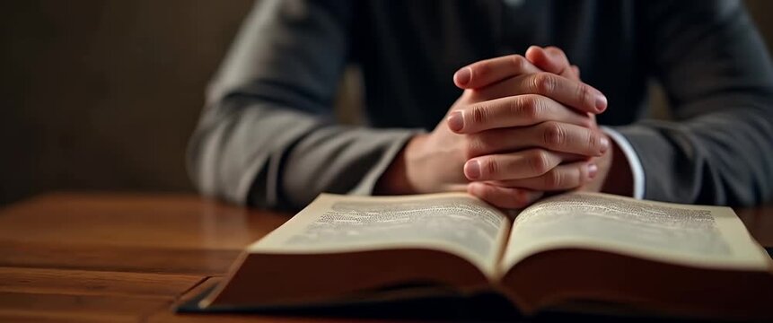 Hands clasped in prayer over an open book, with soft sunlight streaming through a window; the camera gently pans, capturing the serene, cinematic ambiance and highlighting quiet contemplation.