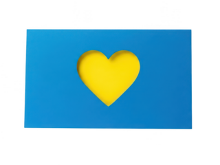 Bright yellow heart on solid blue background isolated on transparent background