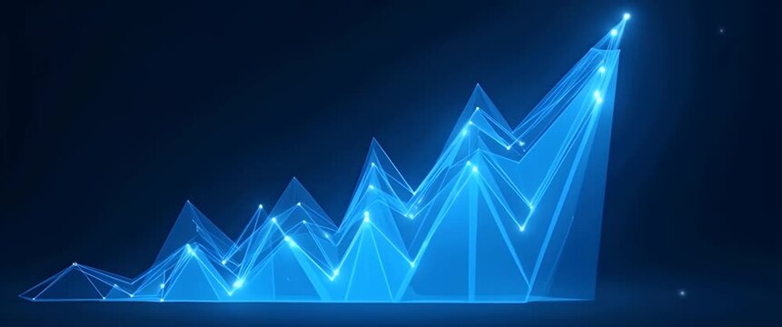 Dynamic 3D graph animates upward in a dark, starry digital space; camera slowly pans, capturing economic growth, data analytics, and futuristic technology in a cinematic style.