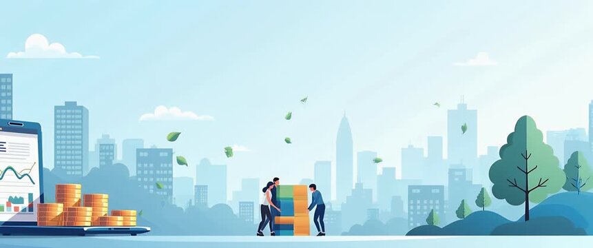 Business professionals engage in strategic planning and financial growth, coins stack higher, graph rises; camera gently pans across a vibrant, animated cityscape, illustrating economic success.