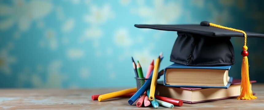 Graduation cap atop stacked books with pencils on a wooden desk, gentle ambient lighting flickers, slow panning camera, educational success theme, cinematic style.