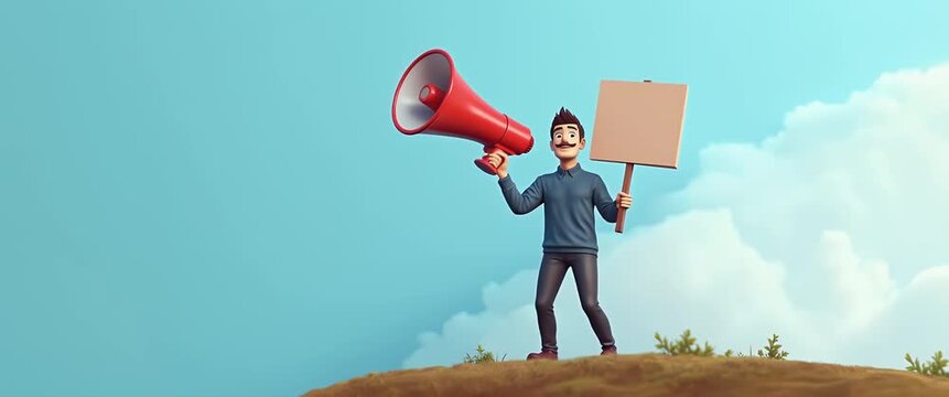 Animated character stands on hill, raising a megaphone and blank sign against a cloudy sky; camera gently pans, clouds softly drift, creating a dynamic, cinematic protest scene.