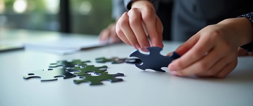 Hands solving a puzzle on a sleek table in a sunlit office, with a slow pan capturing the scene's calm ambiance, creating a cinematic focus on teamwork and problem-solving dynamics.
