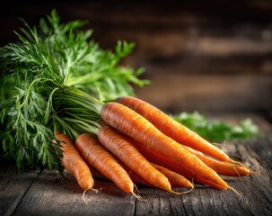 Fresh carrots on rustic wooden table
