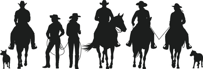 Cowboy silhouette illustration, western horse riders, ranch scene vector, black and white design, dog companions, rope action, country lifestyle concept © Khaleda Creative