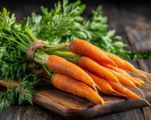 Fresh baby carrots on a wooden board