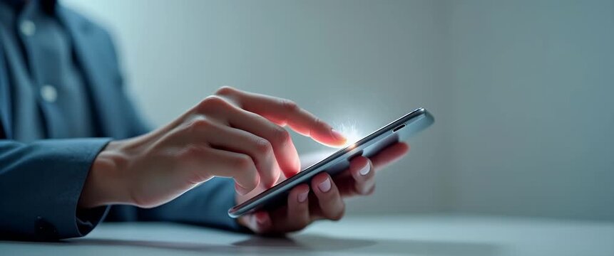 Photo realistic as Hand Typing Code on Mobile Keyboard concept as A hand typing an authentication code on a mobile keyboard set against a plain background with room for additional content. in Photo St