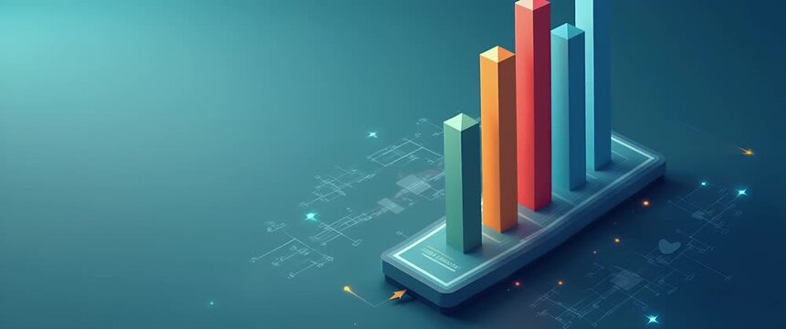 Colorful bar graphs rise from a digital tablet, symbolizing data analytics growth, as the camera gently pans over a stylized infographic landscape, creating a cinematic, futuristic ambiance.