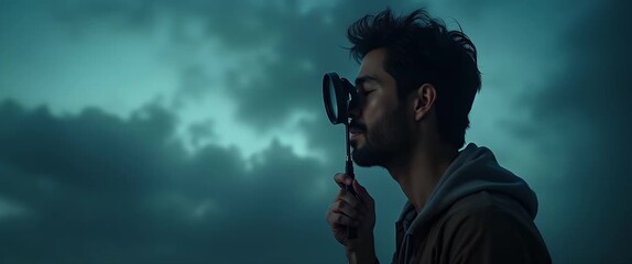 A contemplative man peers through a magnifying glass against a dramatic cloudy sky, as the camera slowly pans across the scene, capturing the cinematic ambiance and subtle motion of drifting clouds.