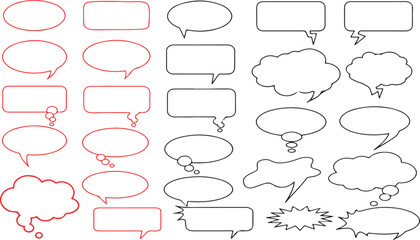 Fototapeta premium A diverse collection of empty cartoon speech bubbles and thought balloons in black and red outlines