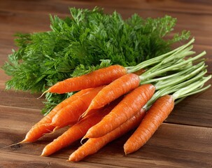 Fresh baby carrots with green tops on a wooden surface