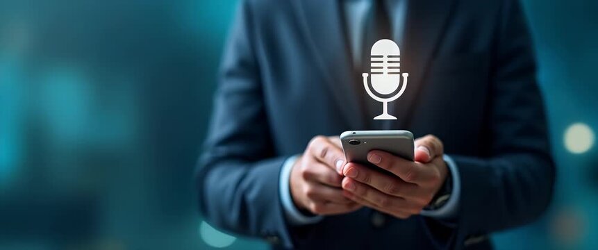 Businessman in a suit interacts with voice command on smartphone, gentle ambient light flickers, slow camera pan with a cinematic style, emphasizing technology and innovation.