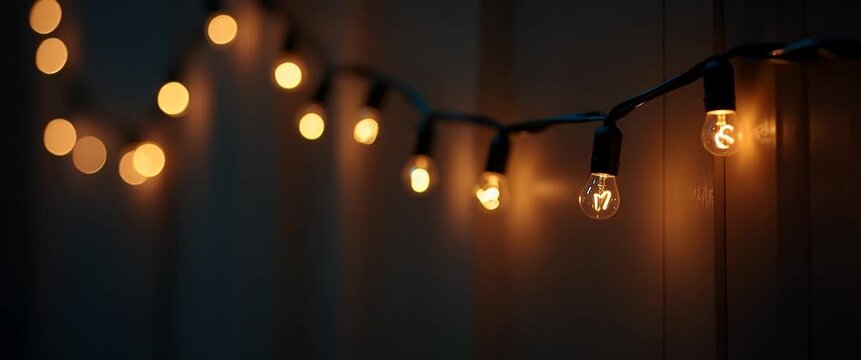 Warm string lights softly flicker against a wooden wall, as the camera gently pans across this cinematic scene, creating an inviting ambiance ideal for holiday and festive settings.