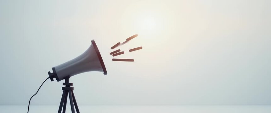 Vintage megaphone emits sound waves with slow pan across minimalist studio, ambient light flickers gently, cinematic focus on communication and broadcasting themes.