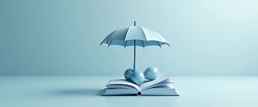 Open book with a small umbrella and spheres gently swaying, as the camera slowly pans across a minimalist, modern scene; ambient lighting adds a serene, cinematic touch.