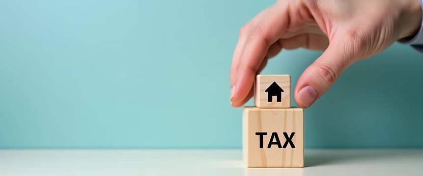Hand places a wooden block with a house icon atop another labeled TAX, as camera slowly pans left, in a minimalist scene with soft lighting, conveying financial growth and real estate investment.
