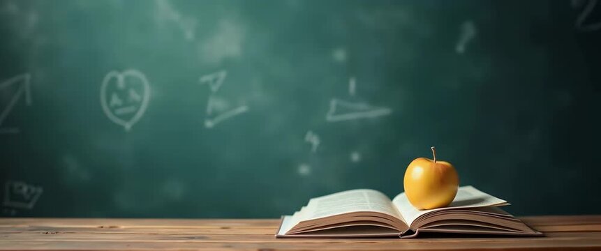 Open book with a golden apple on a wooden desk in front of a chalkboard, gentle ambient light flickers; slow cinematic pan enhances educational, knowledge, and learning themes.