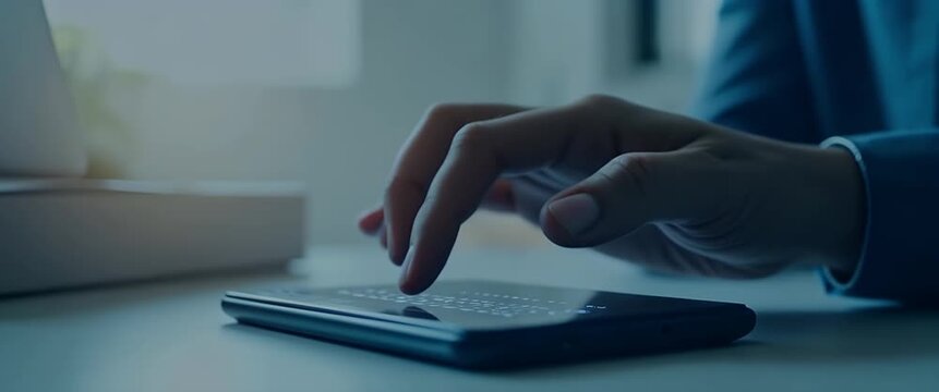 Photo realistic as Hand Typing Code on Mobile Keyboard concept as A hand typing an authentication code on a mobile keyboard set against a plain background with room for additional content. in Photo St