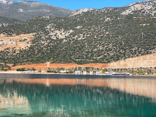 Serene mountain landscape reflected in clear blue lake with distant shoreline and sky