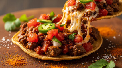 Delicious nachos with melted cheese and toppings being lifted above a vibrant, spicy dish on a rustic surface