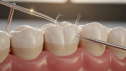 Dental procedure being performed on artificial teeth model with precision instruments in a clinical setting from a close-up viewpoint