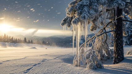 Frozen landscape with snow-covered trees and icy branches at sunrise