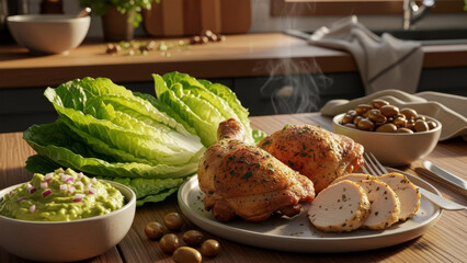 Sliced chicken and guacamole served on a wooden table with fresh lettuce and nuts