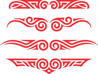 Four striking red ornamental tribal style elements with swirling lines and shapes