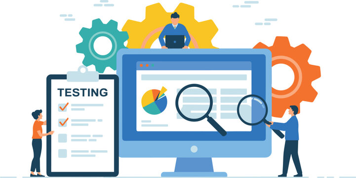 Business team testing and analyzing data on a computer with gears and clipboard Keywords: testing, analysis, data, computer