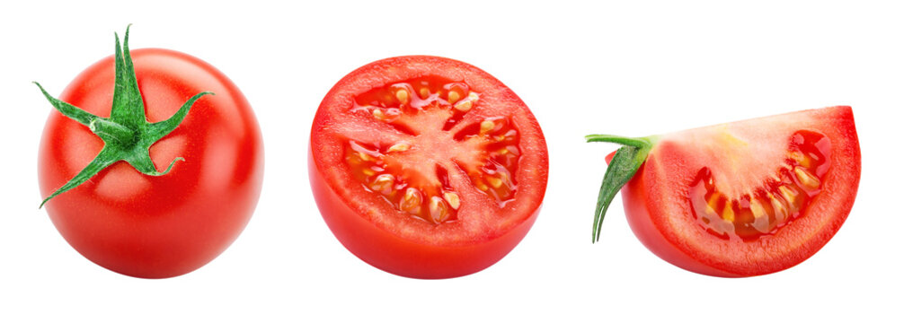 Set of tomato with half and slice isolated on transparent background. PNG