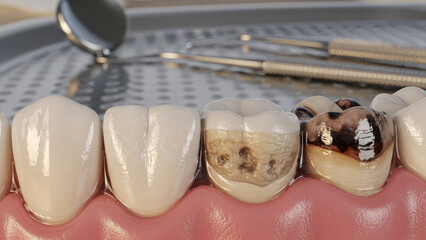 Dental examination of teeth with various stages of decay and restoration on a dental tray