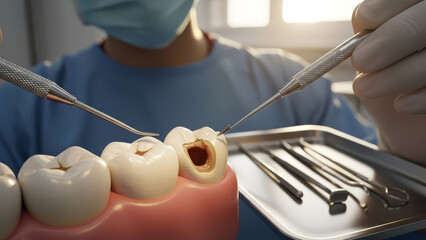 Dentist examining a dental model with a decayed tooth using various instruments in a clinical setting