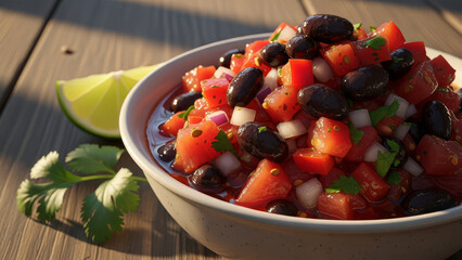 A bowl of colorful salsa with beans, tomatoes, and herbs, served on a wooden table with a slice of lime.