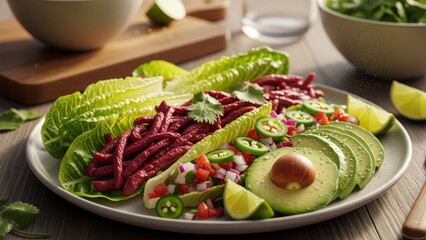 Fresh salad with avocado, beets, and vegetables on a wooden table