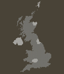 UK Urban Distribution Map with Dotted Logistics Grid and Regional Transport Hubs. United Kingdom dotted map.