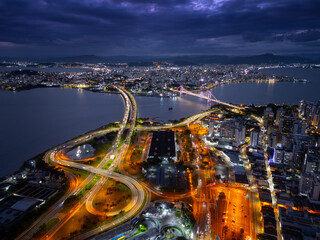 Aerial view of the city of Florianopolis during twilight. Brazil