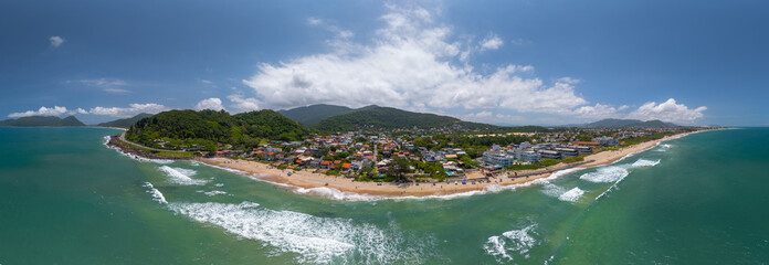 Aerial panorama of the coastline of the island of Santa Catarina. Florianopolis, Brazil