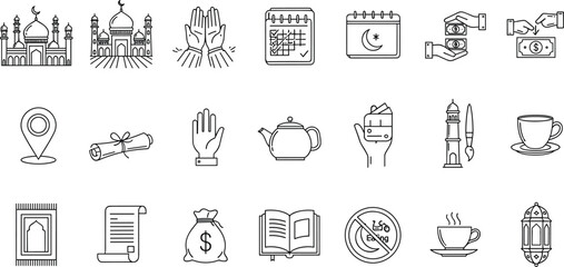 Vector Icon Set of 21 Islamic Line Art Symbols Featuring Mosques Prayer Hands Quran Ramadan Calendar Charity Zakat and Traditional Lanterns for Religious Holiday Graphic Design