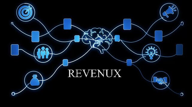 IFOSYNC system concept with glowing blue lines connecting icons around a human head and brain on a dark background 4k video