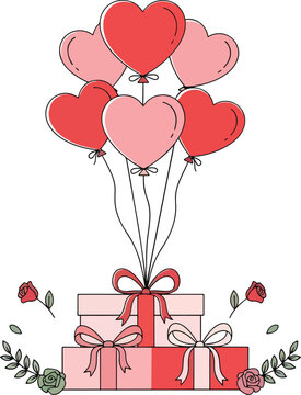 Cute Valentine&rsquo;s Day Gift Box with Heart Balloons Illustration