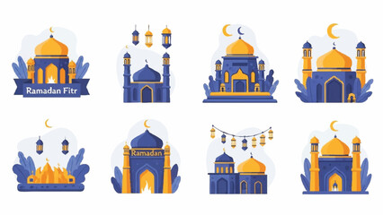 Flat lay of eight colorful mosque icons in blue and gold, celebrating Happy Muslim people during Holy Month Ramadhan against a clean white background.