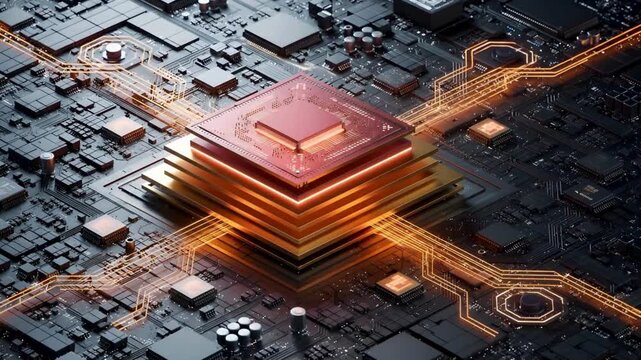 High performance stacked processor animation video with glowing core layers, advanced semiconductor computing technology, powerful data processing and modern digital electronics background