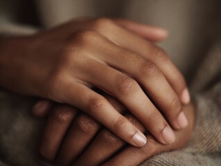 Fototapeta premium Intertwined fingers resting softly in warm, tranquil harmony of touch and connection