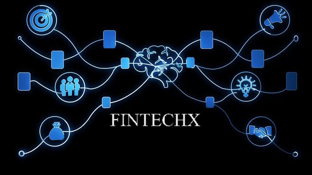 IFOSYNC system concept with glowing blue lines connecting icons around a human head and brain on a dark background 4k video